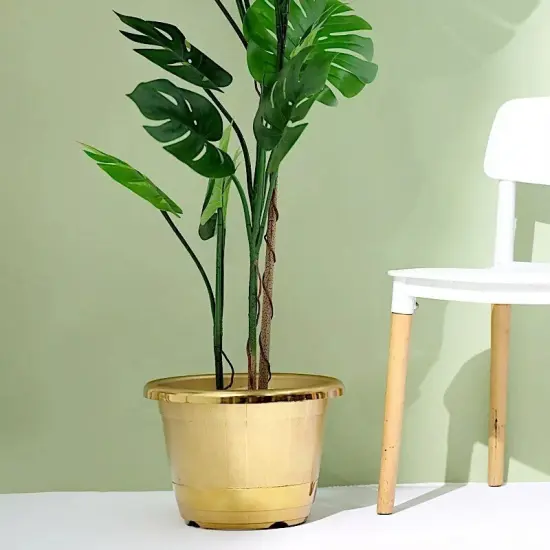 GOLD 10" PLASTIC FLOWER PLANT POT Metallic Barrel Design {3}