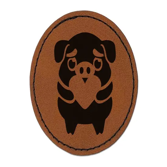 Cautious Pig with Heart in Hands Round Iron-On Engraved Faux Leather Patch Applique - 2.5" Brown {1}