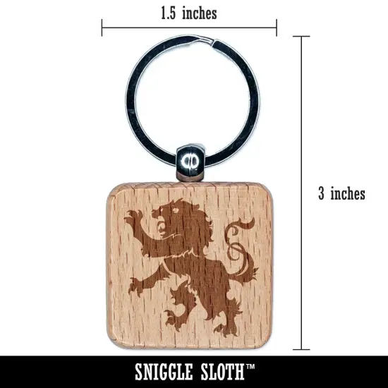 Regal Heraldic Lion Engraved Wood Square Keychain Tag Charm {2}