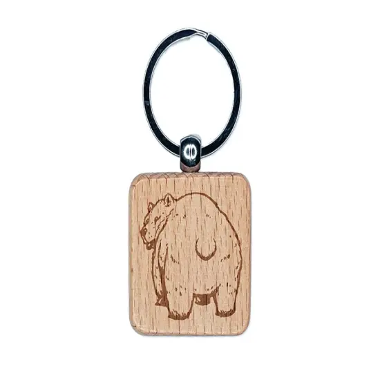 Standing Bear Looking Behind Engraved Wood Square Keychain Tag Charm {1}
