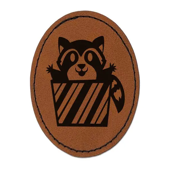 Raccoon Jumping Out Present Christmas Holiday Round Iron-On Engraved Faux Leather Patch Applique - 2.5" Brown {1}