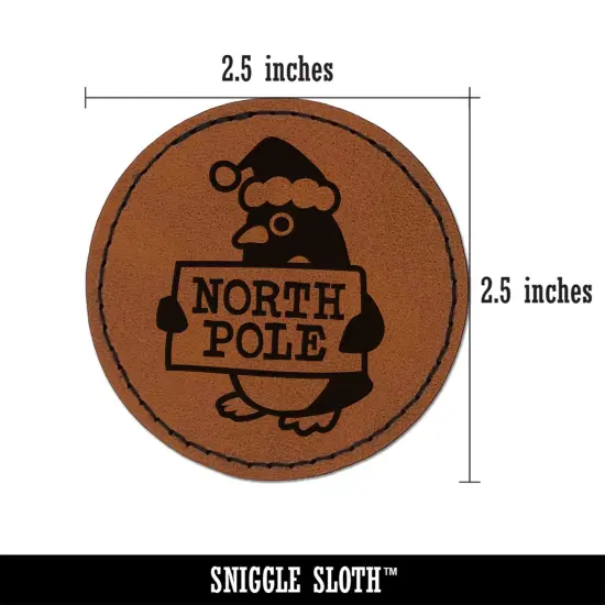 Christmas Penguin Going to North Pole Round Iron-On Engraved Faux Leather Patch Applique - 2.5" Brown {3}
