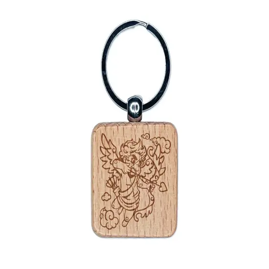 Cupid Shooting Love Arrow for Valentine's Day Engraved Wood Square Keychain Tag Charm {1}