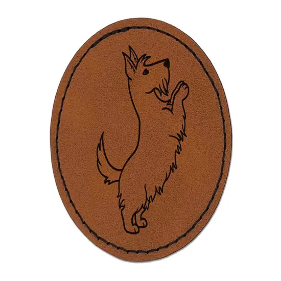 Scottish Terrier Dog Begging Round Iron-On Engraved Faux Leather Patch Applique - 2.5" Brown {1}