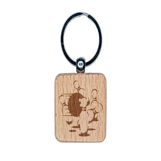 Bowling Ball Knocking Over Bowling Pins Engraved Wood Square Keychain Tag Charm {1}