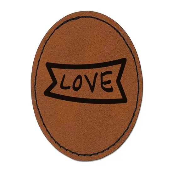Love Banner Round Iron-On Engraved Faux Leather Patch Applique - 2.5" Brown {1}