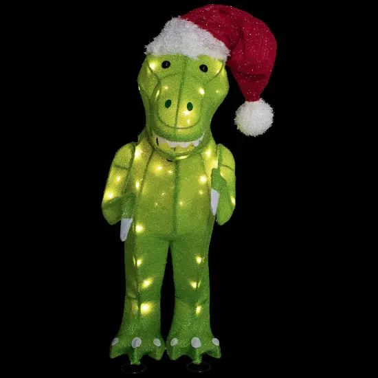 Northlight LED Lighted Tinsel Santa T-Rex Dinosaur Outdoor Christmas Decoration - 30" - Warm White Green {1}