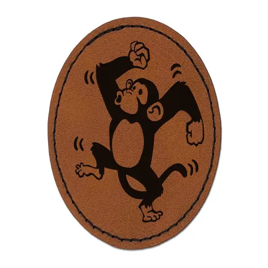 Fun Dancing Monkey Round Iron-On Engraved Faux Leather Patch Applique - 2.5" Brown {1}