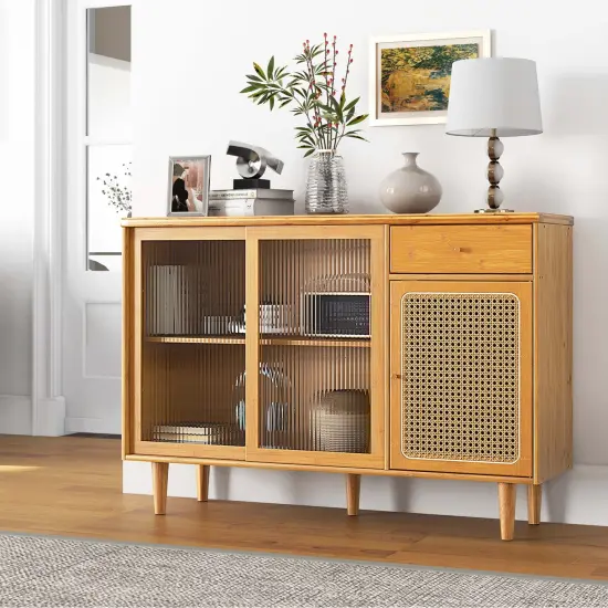 Costway Buffet Sideboard Cabinet Rattan Console Table with Sliding Doors Storage Drawer {2}