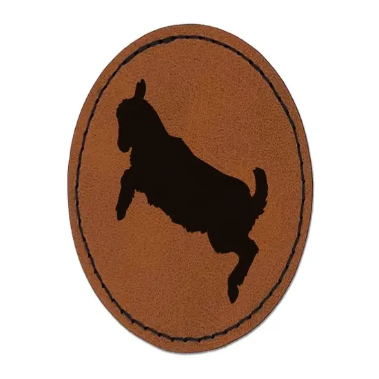 Baby Goat Jumping Playing Round Iron-On Engraved Faux Leather Patch Applique - 2.5" Brown {1}