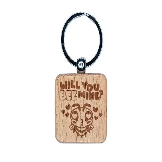 Will You Bee Mine Engraved Wood Square Keychain Tag Charm {1}