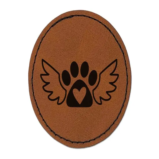 Paw Print Angel Wings with Heart Dog Cat Round Iron-On Engraved Faux Leather Patch Applique - 2.5" Brown {1}