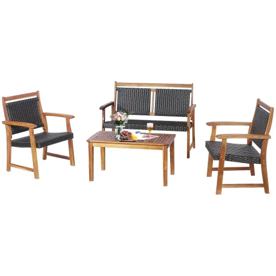 4 Pieces Outdoor Patio Rattan Furniture Sofa Set with Acacia Wood Frame {4}