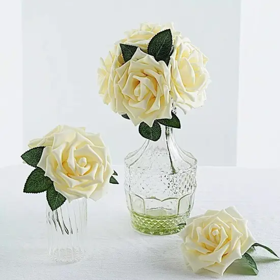 24 Cream 5" FOAM ROSE Flowers Stems Party Wedding Events Decorations {1}