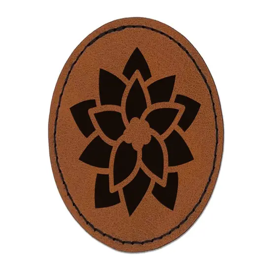Christmas Poinsettia Round Iron-On Engraved Faux Leather Patch Applique - 2.5" Brown {1}