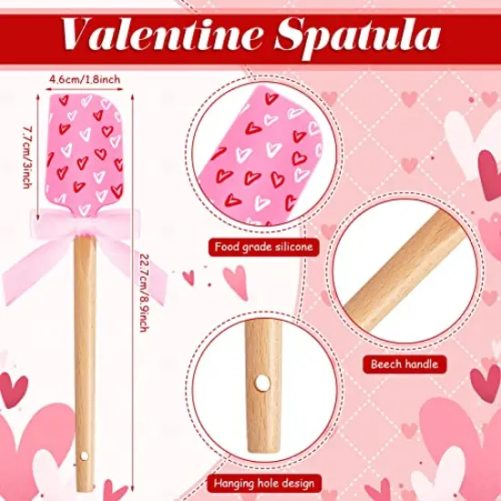 3 Pieces Valentine's Day Silicone Spatulas with Wooden Handles Valentine Pattern Heat Resistant Baking Spatulas Silicone Spatulas with Pink Satin Ribbon Bows for Baking, Cooking and Sauteing {6}