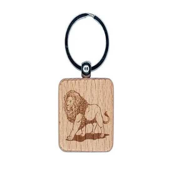 Regal Maned Lion Walking Engraved Wood Square Keychain Tag Charm {1}