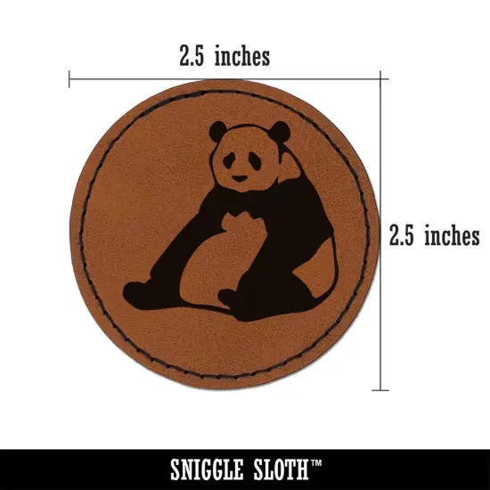 Giant Panda Bear Sitting Round Iron-On Engraved Faux Leather Patch Applique - 2.5" Brown {3}
