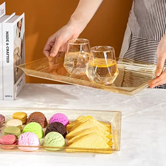 6 Pieces Gold Glitter Plastic Serving Tray, 15" x 10" Crooked Food Trays, Clear Disposable Serving Platter for Parties, Weddings {5}
