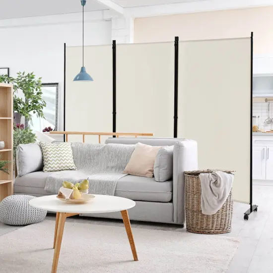 3 Panel Folding Room Divider with 8 Smooth Universal Lockable Wheels White {1}
