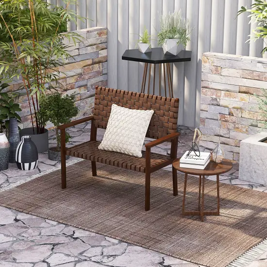 Outdoor All Weather Bench With Solid Rubber Wood Frame And Hand Woven Pu Leather {1}