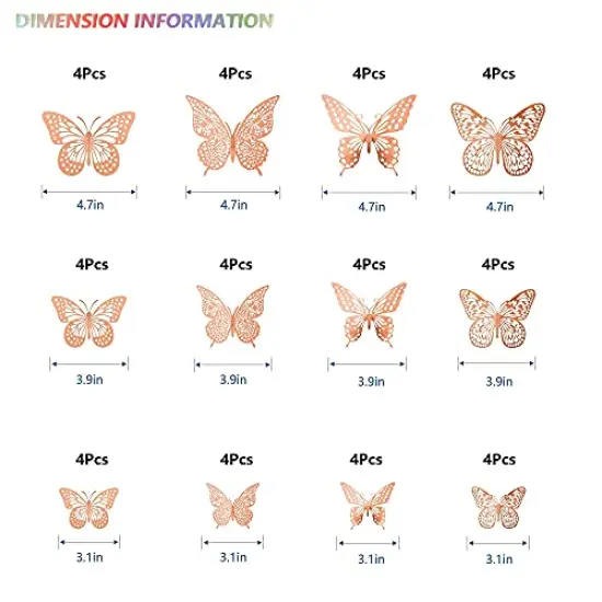 48 Pieces 3D Butterfly Wall Decor, 4 Styles 3 Sizes, Removable Metallic Wall Sticker Room Mural Decals for Kids Bedroom Nursery Classroom Party Decoration Wedding Decor DIY Gift (Rose Gold) {1}