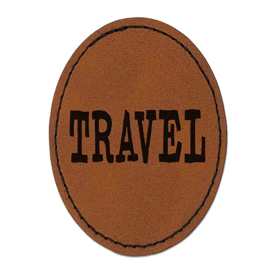 Travel Fun Text Round Iron-On Engraved Faux Leather Patch Applique - 2.5" Brown {1}