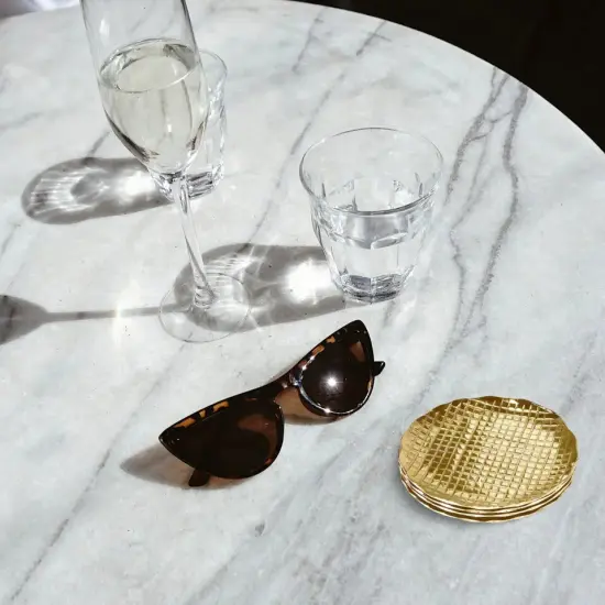 American Atelier Glass Coasters, Set of 4, Round, Check Pattern, Gold, 4.52" {3}