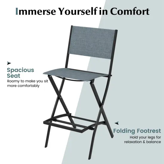 Costway Set of 4 Outdoor Bar Chair Folding Bar Height Stool with Metal Frame Blue/Coffee {4}