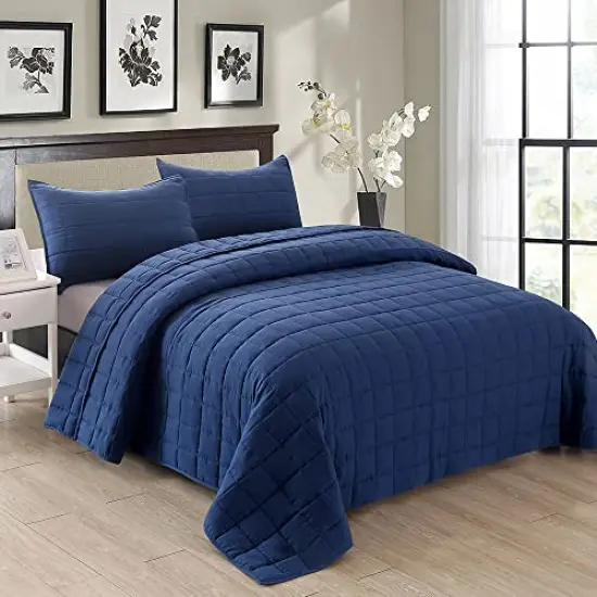 EMME Quilt Set Twin Size 2 Pieces (66x90 inches), Pre-Washed Microfiber Bedspread for All Season, Lightweight and Reversible Coverlet (Squares Pattern, Navy) {6}
