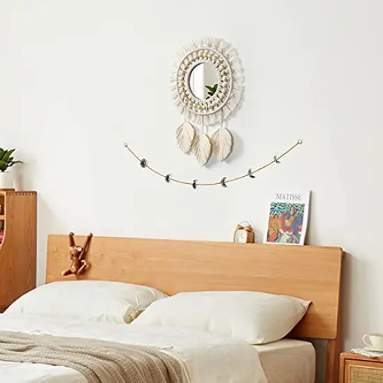 Hanging Wall Mirror-Boho Macrame Fringe Round Decorative Mirror with Wood Beads Feather Pendant，Art Ornament for Apartment Home Bedroom Living Room {3}