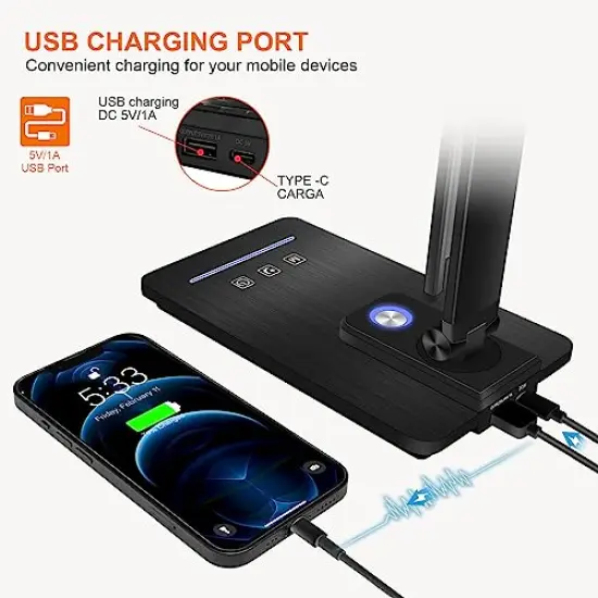 LED Desk Lamp, Eye-Friendly Dimmable Desk Light, 5 Light Colors, 6 Brightness Levels, Touch Control Table Lamp with USB Charging Port, Night Light, Auto Timer, for Dorm, Home, Office(Black) {6}