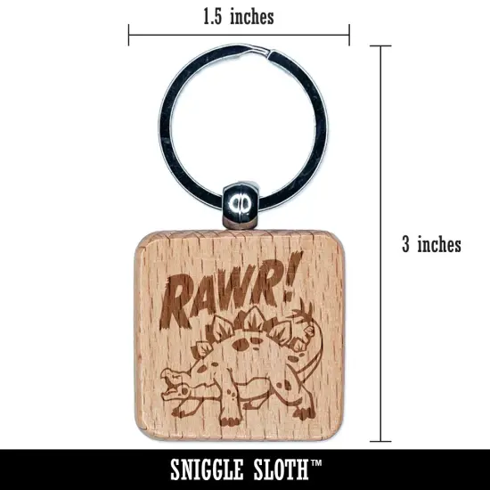 Stegosaurus Rawr Roar Dinosaur Engraved Wood Square Keychain Tag Charm {2}