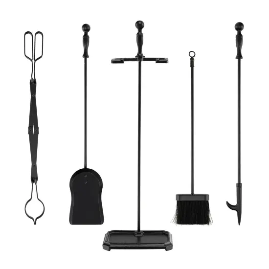 5-piece Fireplace Tool Set With Tong Brush Shovel Poker Stand-black {3}