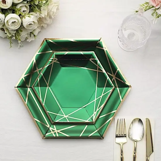 25 Hunter Green 7" Hexagon Paper Salad Dinner Plates Gold Trim {1}