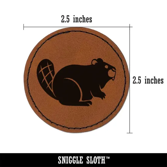 Friendly Beaver Buddy Round Iron-On Engraved Faux Leather Patch Applique - 2.5" Brown {3}