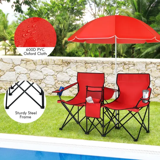 Portable Folding Picnic Double Chair With Umbrella Red {6}