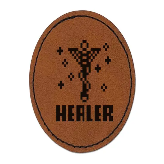 Pixel RPG Healer Staff Gaming Round Iron-On Engraved Faux Leather Patch Applique - 2.5" Brown {1}