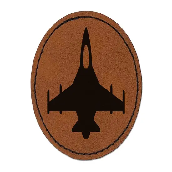 Fighter Jet Military Airplane Round Iron-On Engraved Faux Leather Patch Applique - 2.5" Brown {1}
