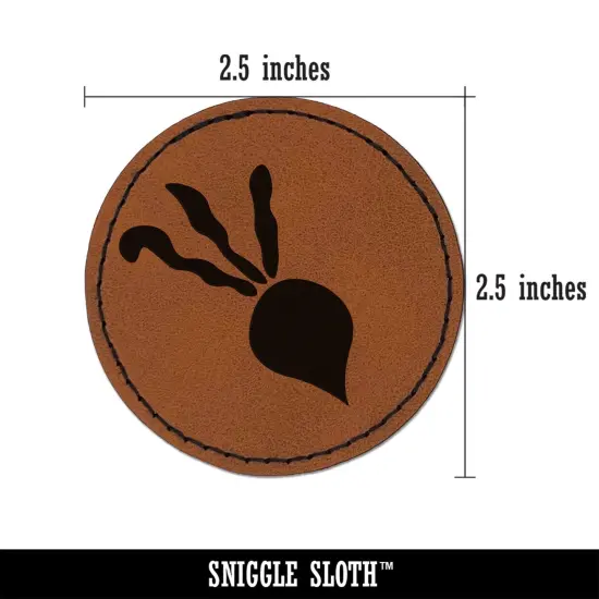 Radish Vegetable Vegetarian Doodle Round Iron-On Engraved Faux Leather Patch Applique - 2.5" Brown {3}