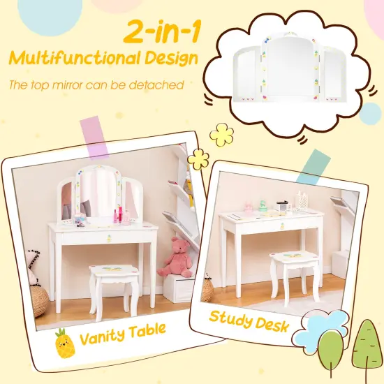 Kids Vanity Table Set With Tri-folding Mirror And Large Drawer-White {6}