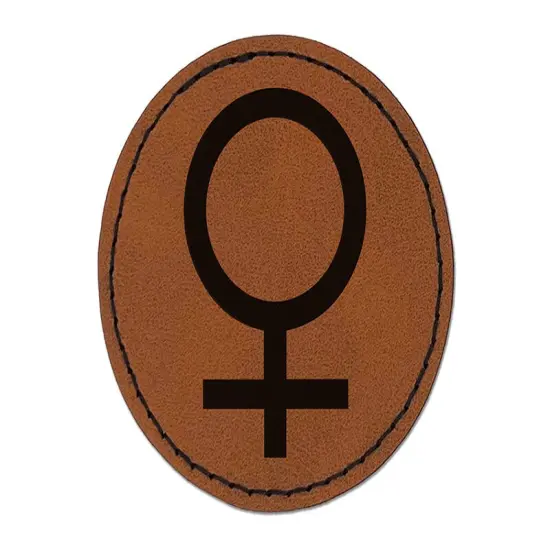 Astronomy Venus Astrology Planet Symbol Round Iron-On Engraved Faux Leather Patch Applique - 2.5" Brown {1}