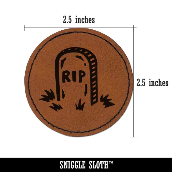 RIP Headstone Gravestone Tombstone Halloween Round Iron-On Engraved Faux Leather Patch Applique - 2.5" Brown {2}