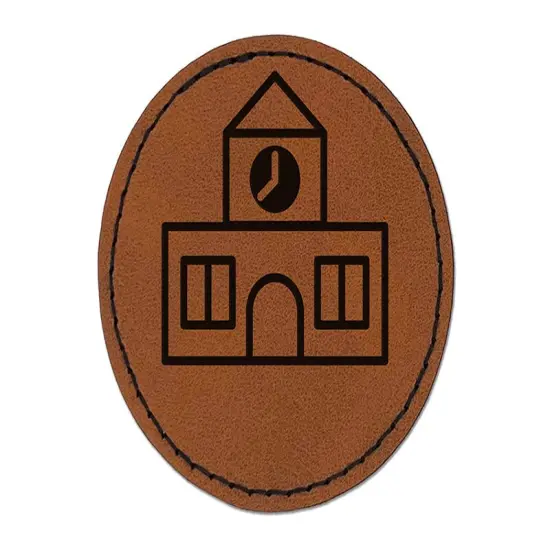 School Building Icon Round Iron-On Engraved Faux Leather Patch Applique - 2.5" Brown {1}