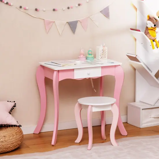 Kids Vanity Table And Stool Set With 360&deg; Rotating Mirror And Whiteboard-Pink {5}