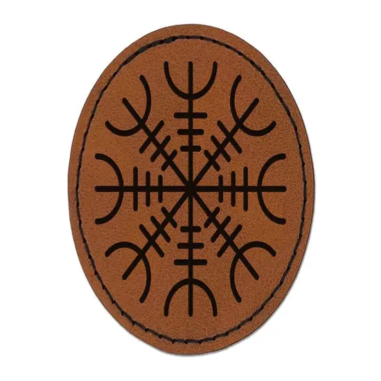 Aegishjalmur Helm of Awe Rune Viking Symbol of Protection Round Iron-On Engraved Faux Leather Patch Applique - 2.5" Brown {1}