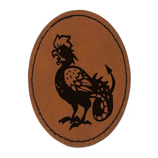 Cockatrice Mythical Monster Round Iron-On Engraved Faux Leather Patch Applique - 2.5" Brown {1}