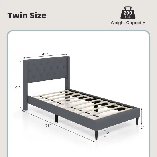 Costway Twin Size Upholstered Platform Bed with Button Tufted Wingback Headboard Blue/Grey {3}