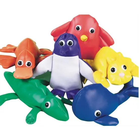 S&S Worldwide Spectrum Beanbag Animal Set of 6.One each of Platypus, Gator, Lion, Owl, Whale and Penguin.Heights vary from 4-1/2" to 8-1/2" Long. {1}
