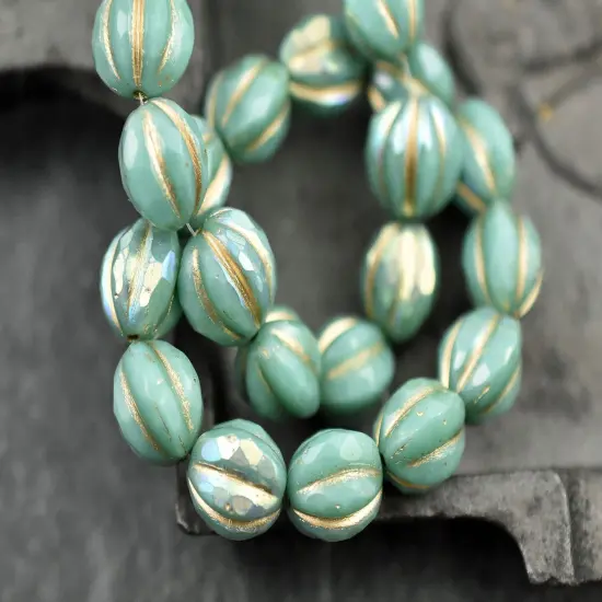 *12* 10mm Gold Washed Turquoise AB Faceted Round Melon Beads {1}